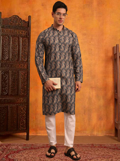 Men’s Grey Color Cotton Kurta with Printed Design