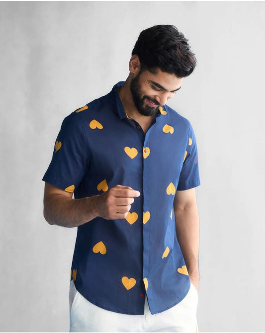 Blue Color Cotton Blend Half Sleeves Regular Shirt