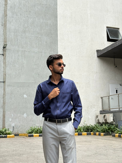 Men's Formal Navy Blue Striped Cotton Shirt – Full Sleeve, Slim Fit