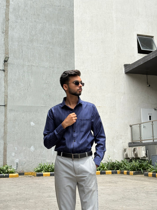 Men's Formal Navy Blue Striped Cotton Shirt – Full Sleeve, Slim Fit