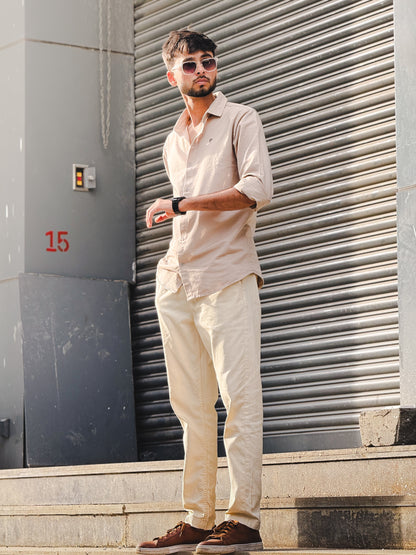Men's Casual Light Beige Cotton Shirt – Full Sleeve Comfortable Slim Fit