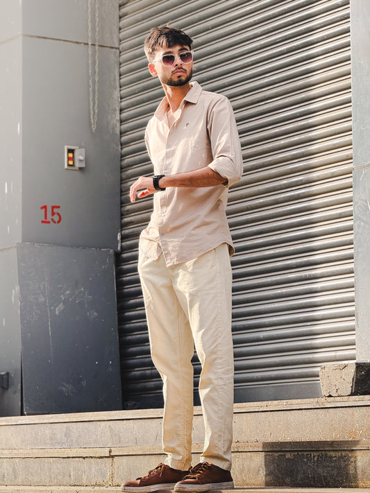 Men's Casual Light Beige Cotton Shirt – Full Sleeve Comfortable Slim Fit