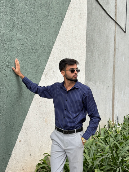 Men's Formal Navy Blue Striped Cotton Shirt – Full Sleeve, Slim Fit