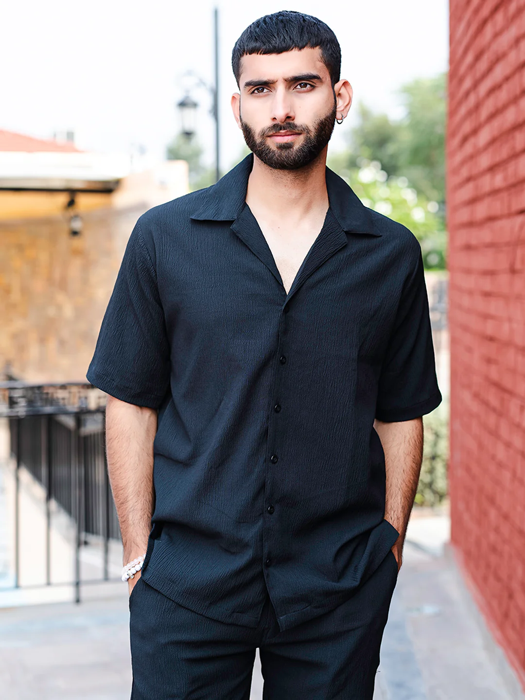Men's Premium quality Half Sleeve's Solid Popcorn Shirts (Black)