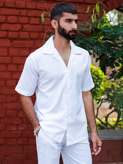 Men's Premium quality Half Sleeve's Solid Popcorn Shirts (White)