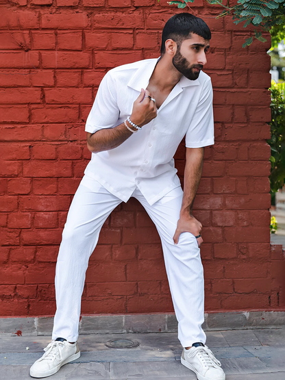 Men's Premium quality Half Sleeve's Solid Popcorn Shirts (White)