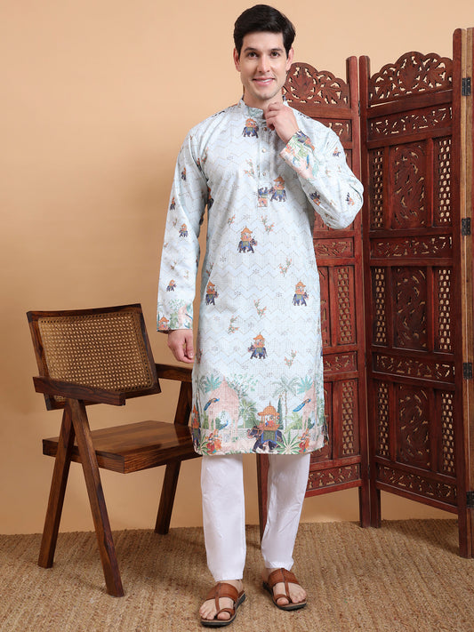 Men’s Pista Color Cotton Kurta with Crochet Sequence Work & Digital Print