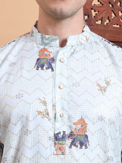 Men’s Pista Color Cotton Kurta with Crochet Sequence Work & Digital Print