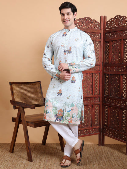 Men’s Pista Color Cotton Kurta with Crochet Sequence Work & Digital Print