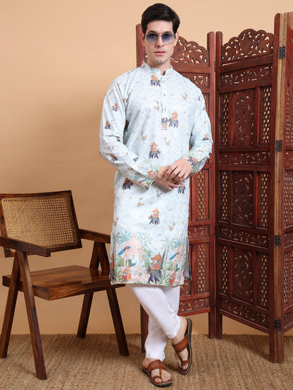 Men’s Pista Color Cotton Kurta with Crochet Sequence Work & Digital Print