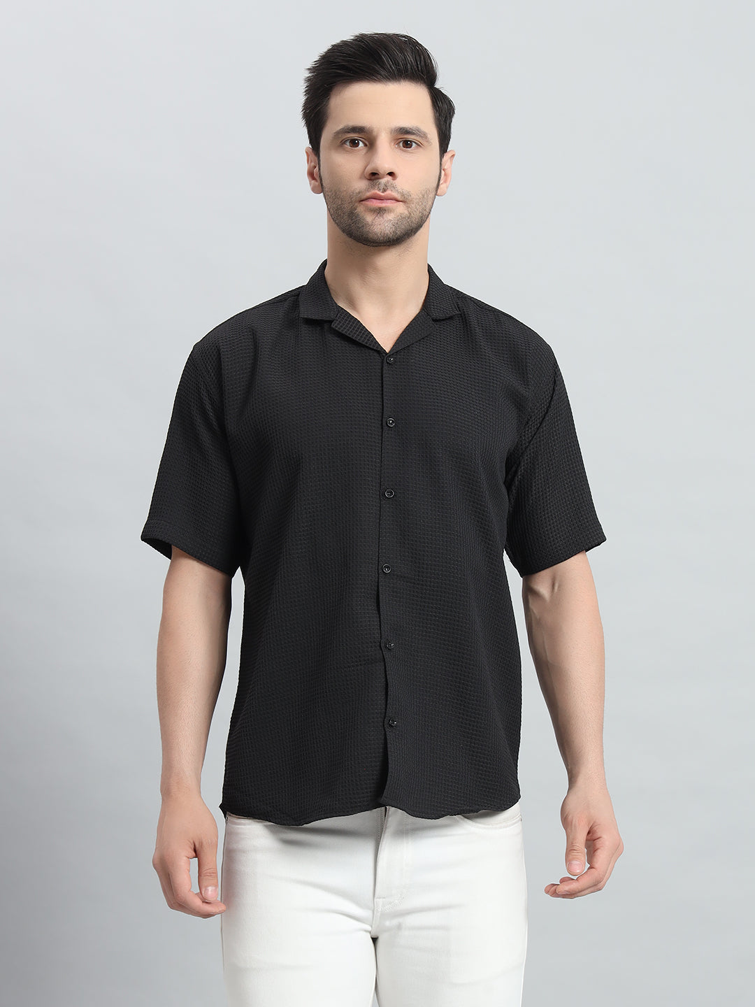 Stylish Black Popcorn Fabric Shirt for Men