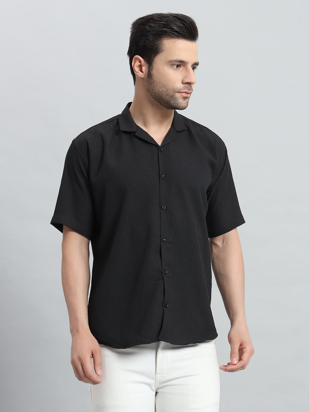 Stylish Black Popcorn Fabric Shirt for Men