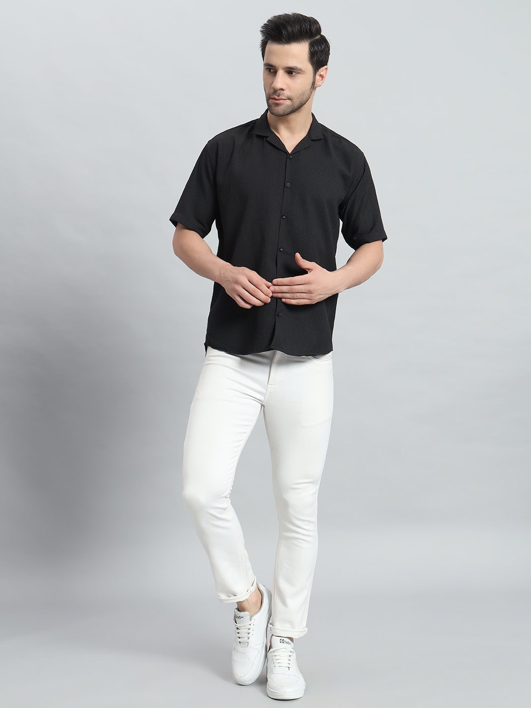 Stylish Black Popcorn Fabric Shirt for Men