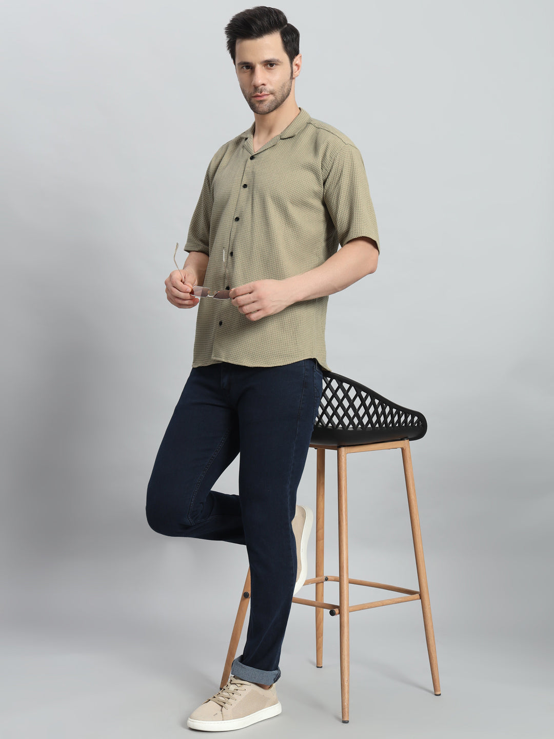 Stylish Olive Grey Popcorn Fabric Shirt for Men
