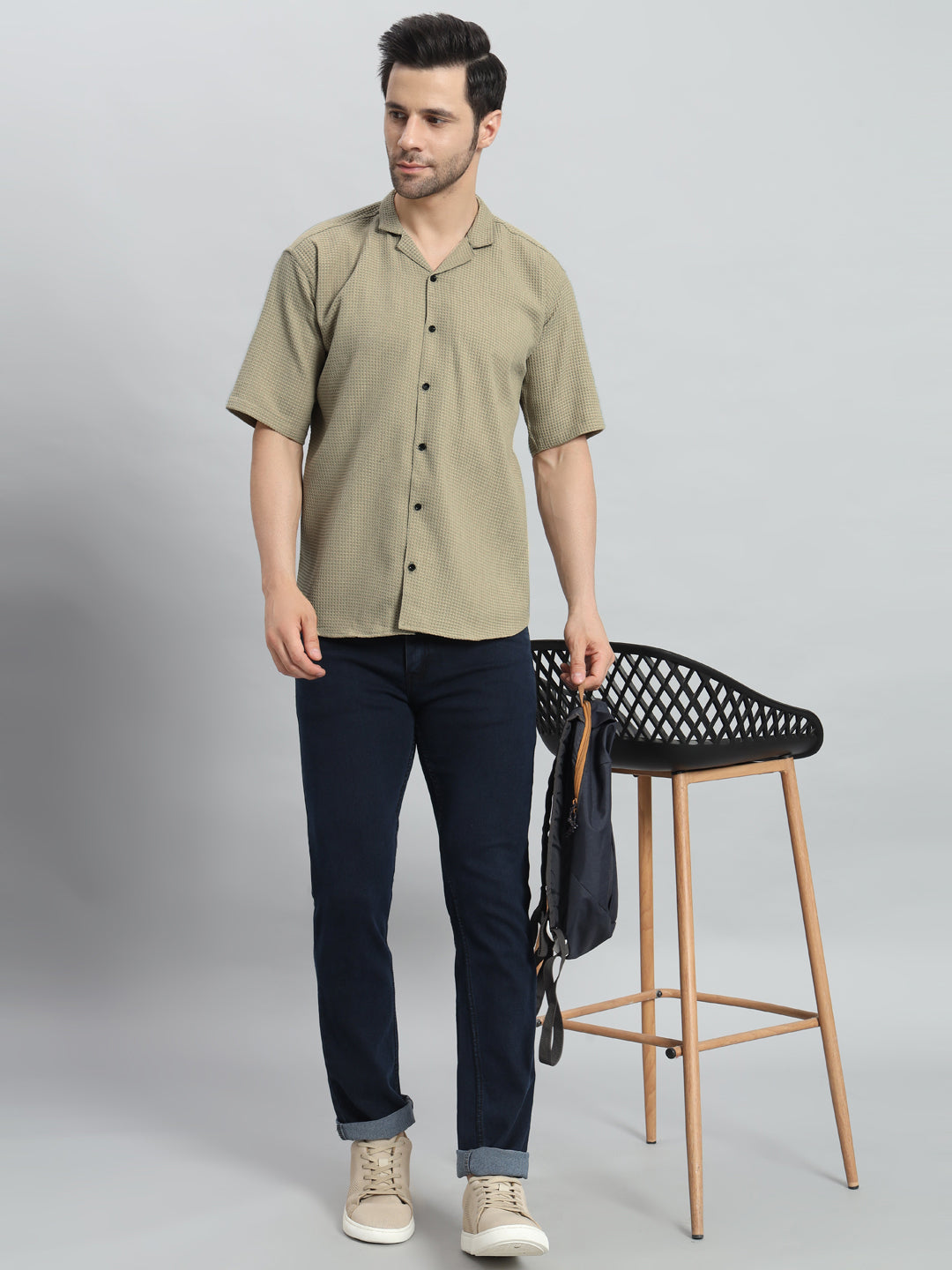 Stylish Olive Grey Popcorn Fabric Shirt for Men