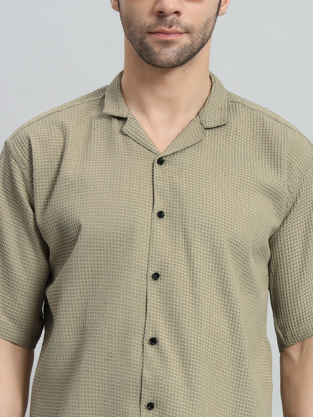 Stylish Olive Grey Popcorn Fabric Shirt for Men