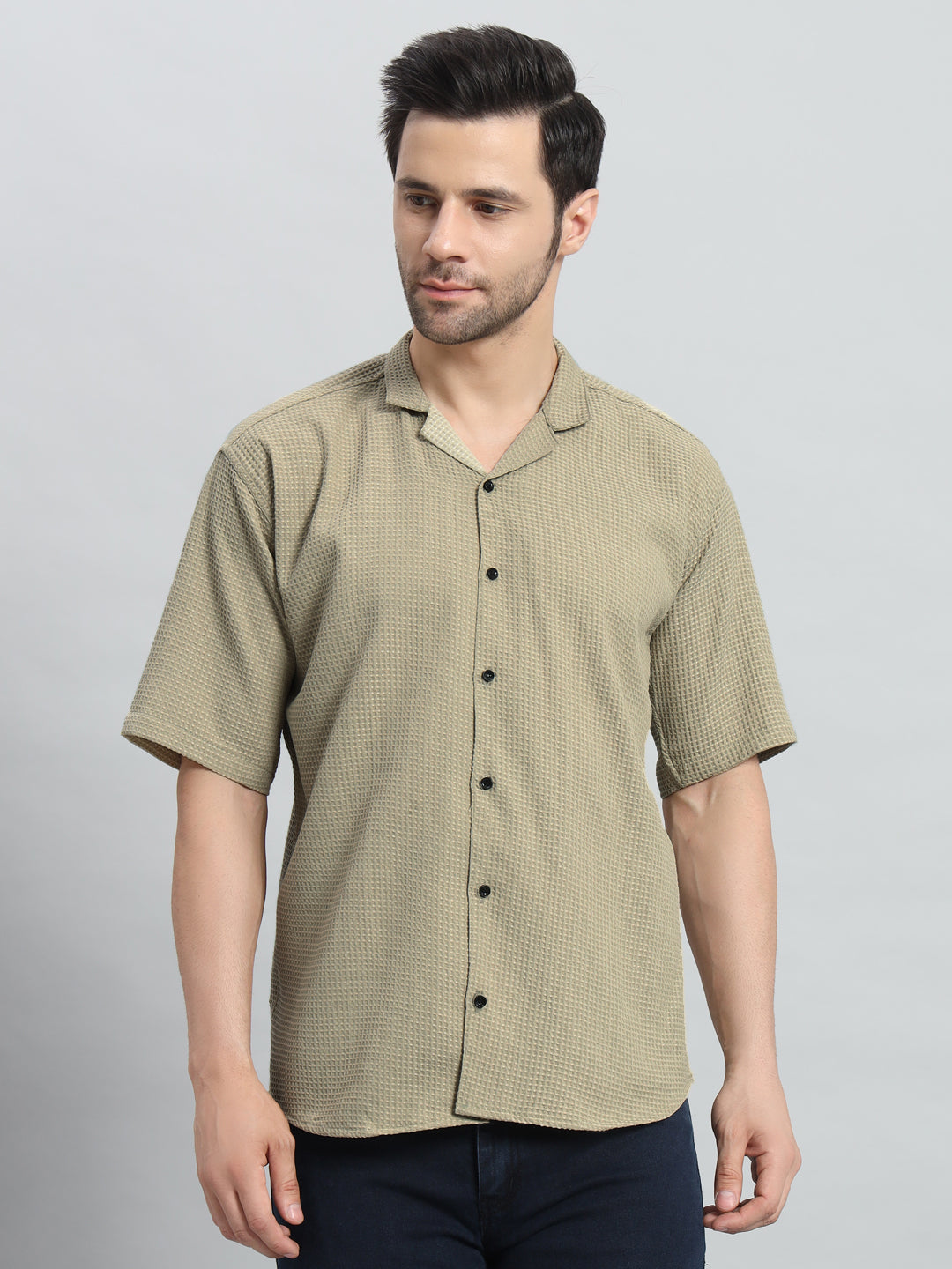 Stylish Olive Grey Popcorn Fabric Shirt for Men
