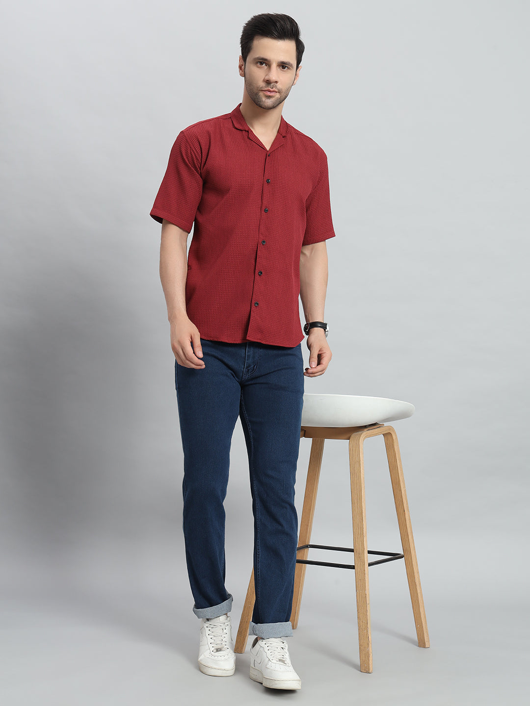 Stylish Red Popcorn Fabric Shirt for Men