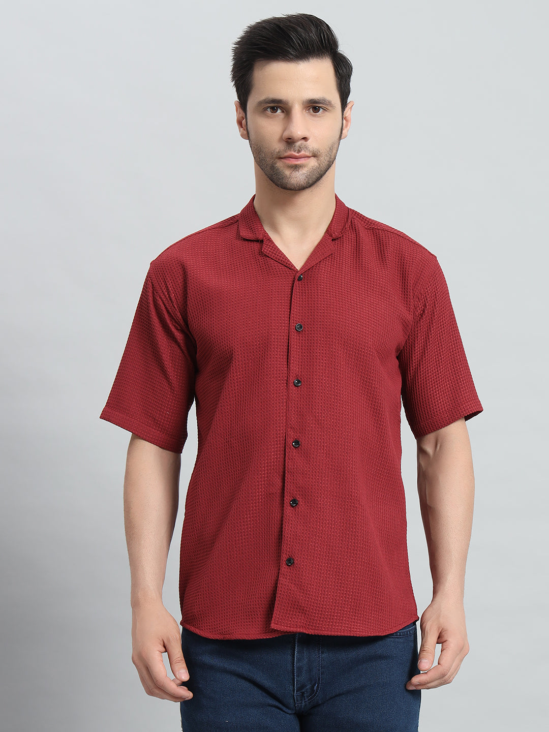 Stylish Red Popcorn Fabric Shirt for Men