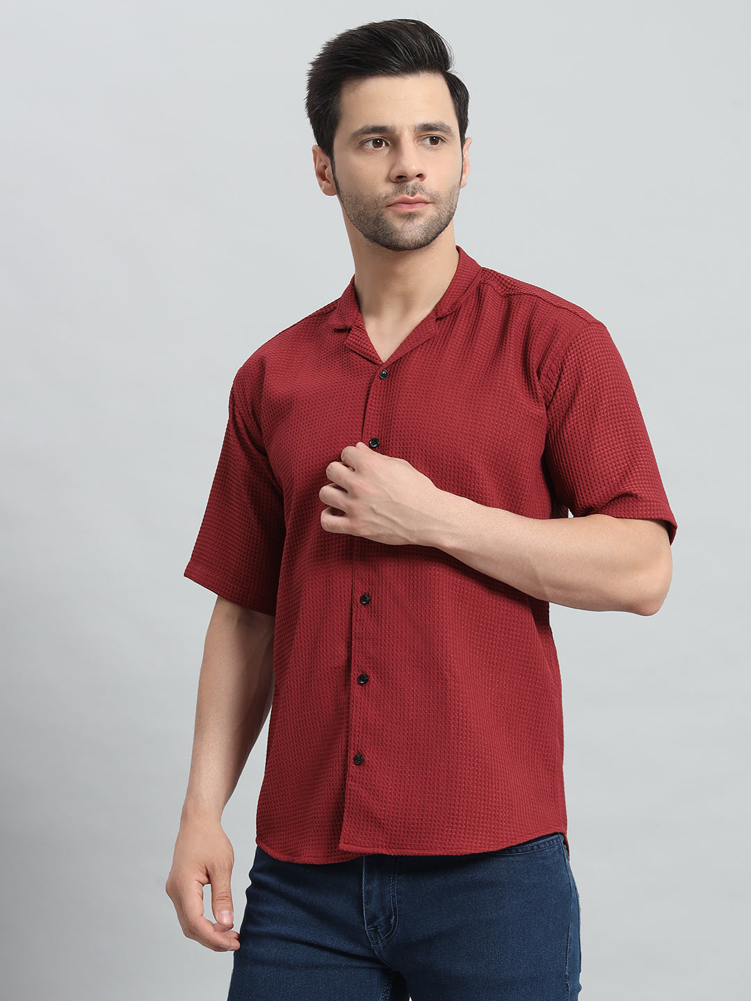 Stylish Red Popcorn Fabric Shirt for Men