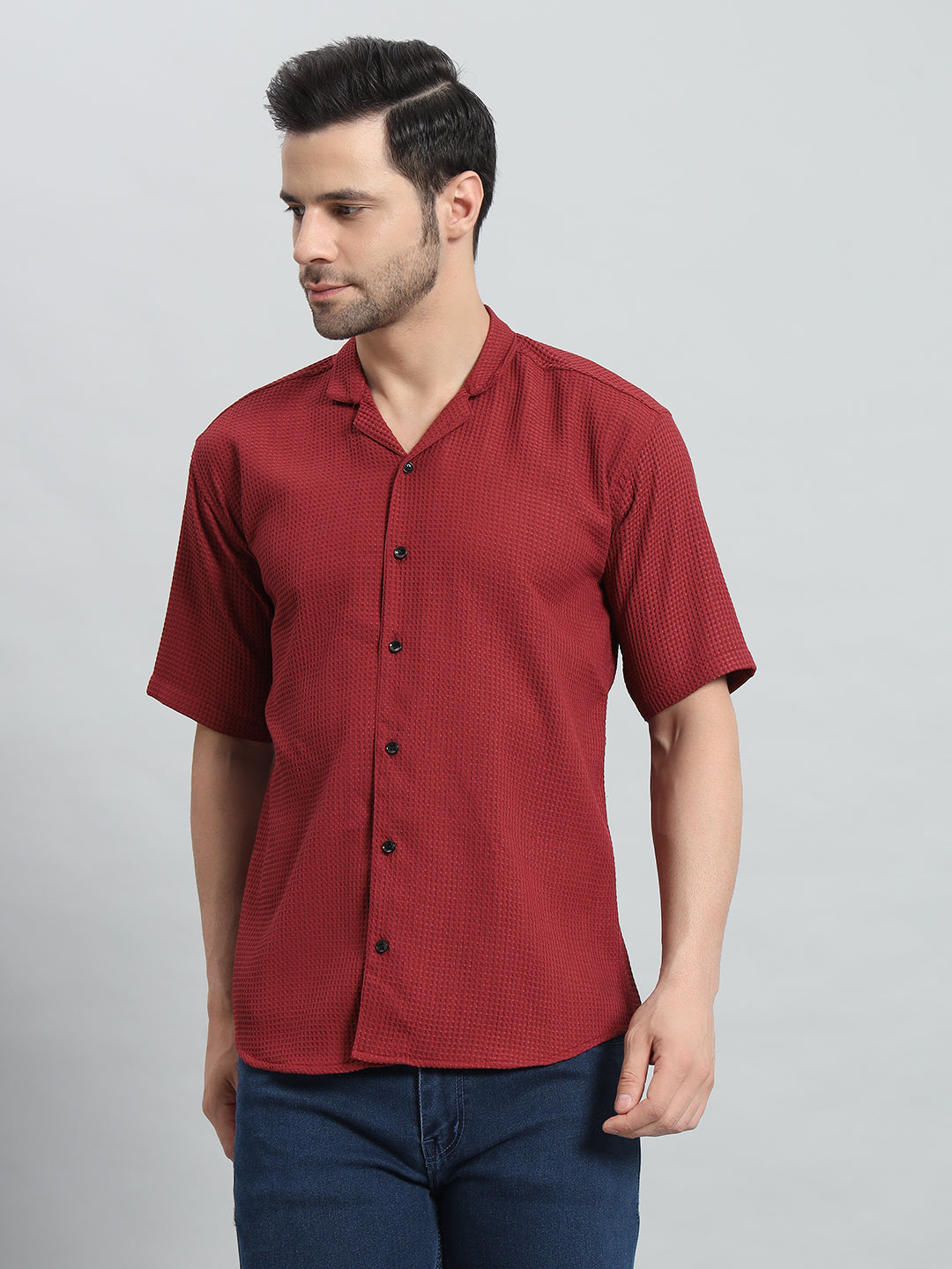 Stylish Red Popcorn Fabric Shirt for Men