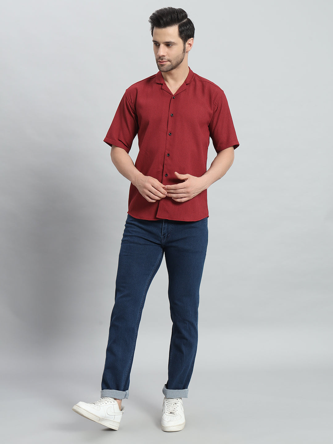 Stylish Red Popcorn Fabric Shirt for Men