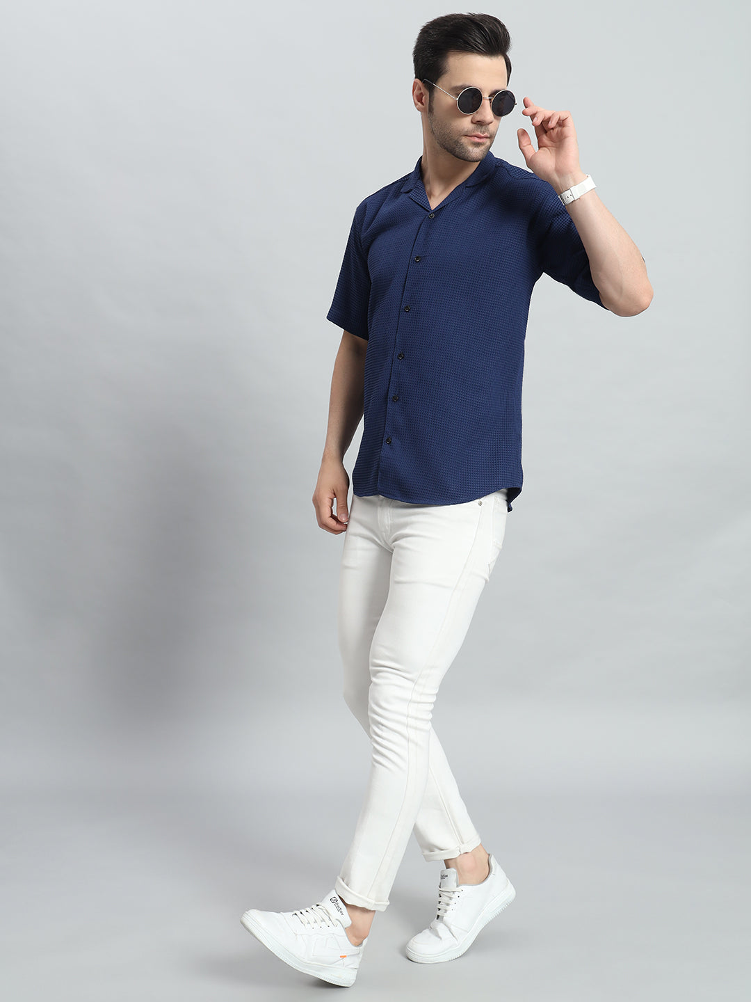 Stylish Navy Blue Popcorn Fabric Shirt for Men