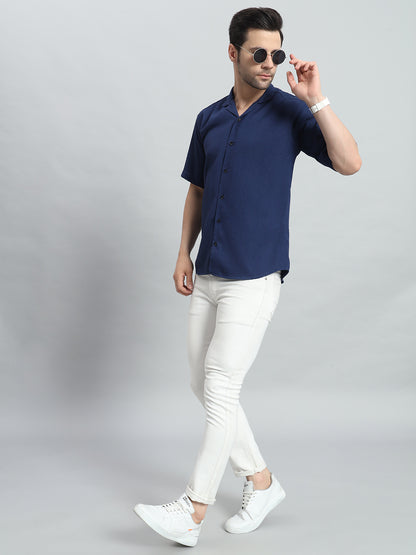 Stylish Navy Blue Popcorn Fabric Shirt for Men