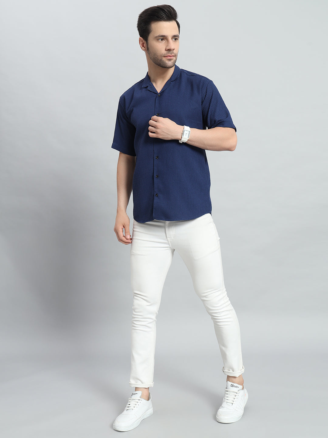 Stylish Navy Blue Popcorn Fabric Shirt for Men