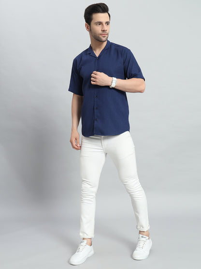 Stylish Navy Blue Popcorn Fabric Shirt for Men
