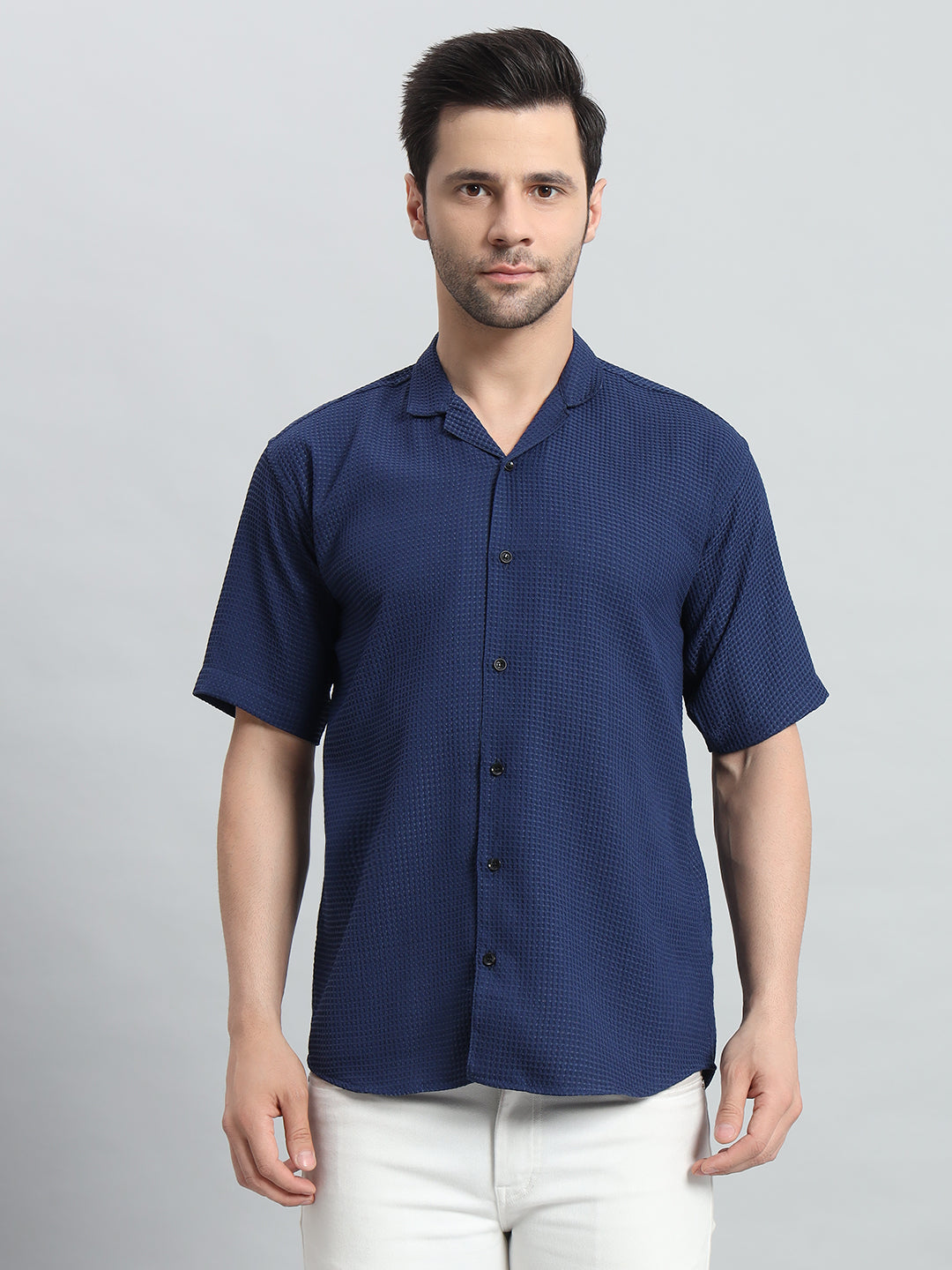 Stylish Navy Blue Popcorn Fabric Shirt for Men