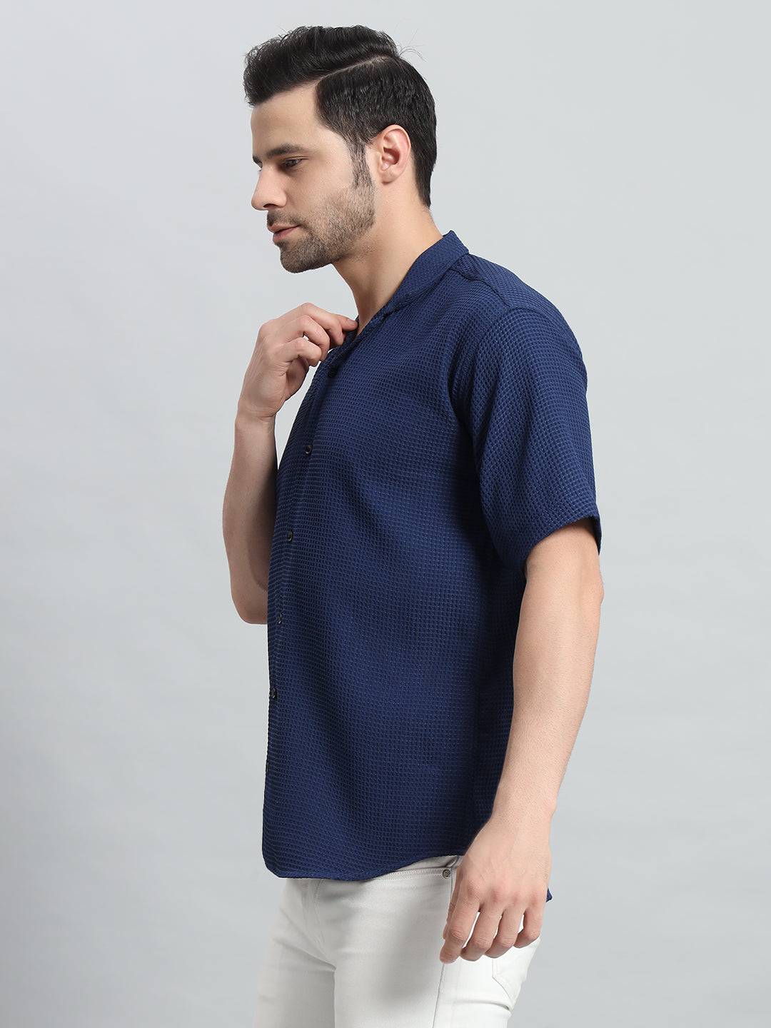 Stylish Navy Blue Popcorn Fabric Shirt for Men