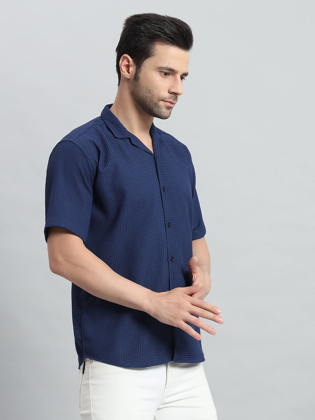 Stylish Navy Blue Popcorn Fabric Shirt for Men