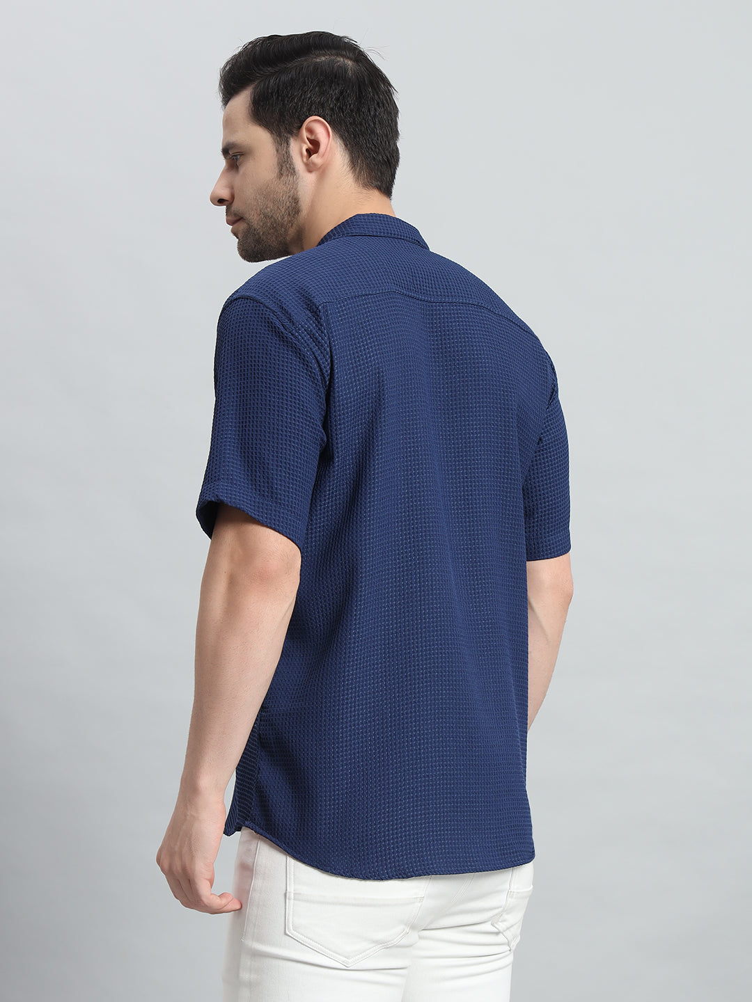 Stylish Navy Blue Popcorn Fabric Shirt for Men