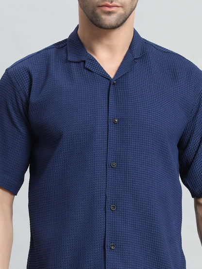 Stylish Navy Blue Popcorn Fabric Shirt for Men