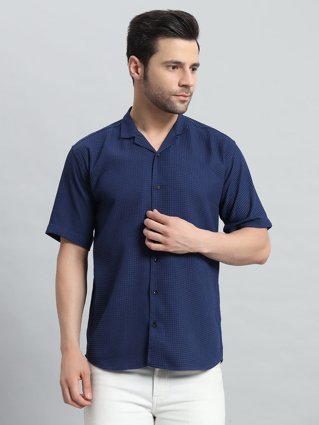 Stylish Navy Blue Popcorn Fabric Shirt for Men