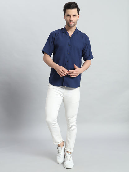 Stylish Navy Blue Popcorn Fabric Shirt for Men