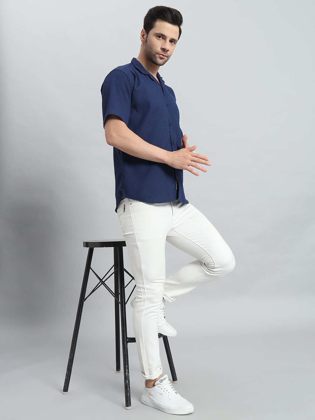 Stylish Navy Blue Popcorn Fabric Shirt for Men