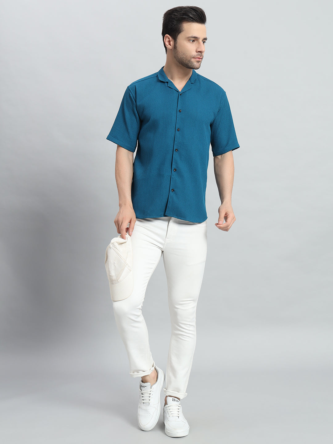 Stylish Petrol Popcorn Fabric Shirt for Men