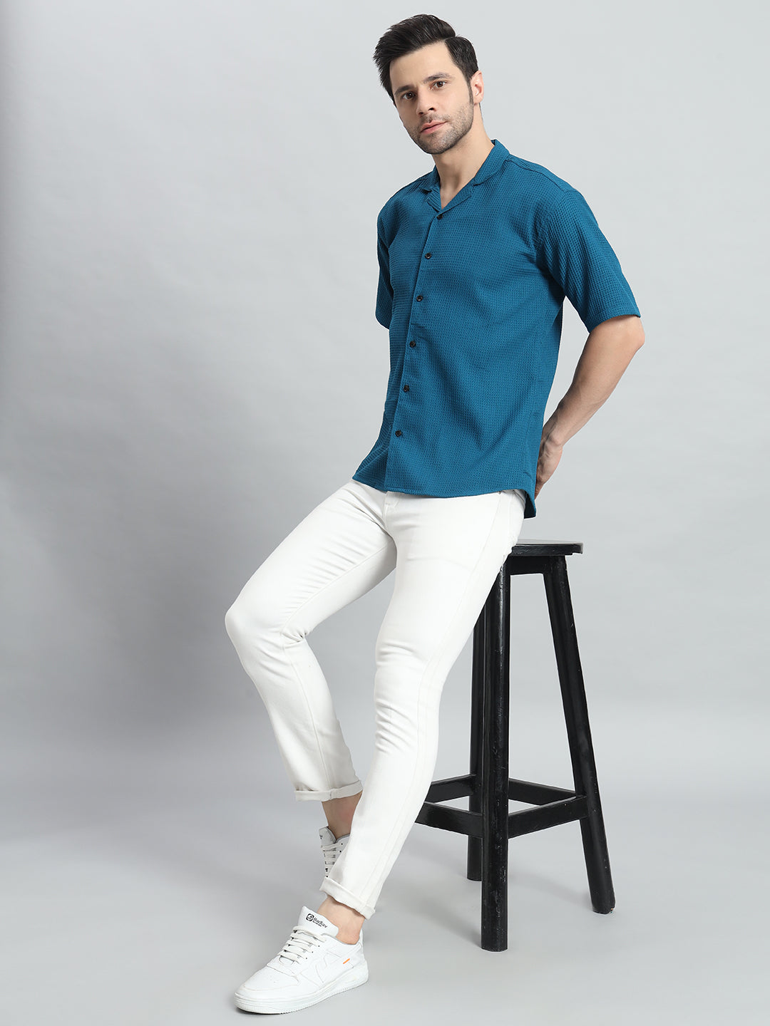 Stylish Petrol Popcorn Fabric Shirt for Men