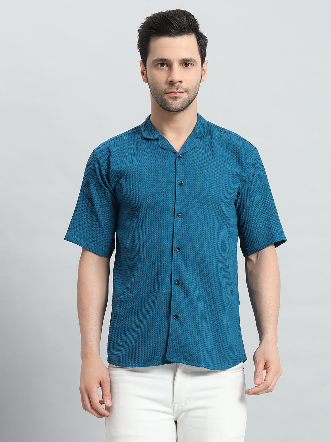 Stylish Petrol Popcorn Fabric Shirt for Men
