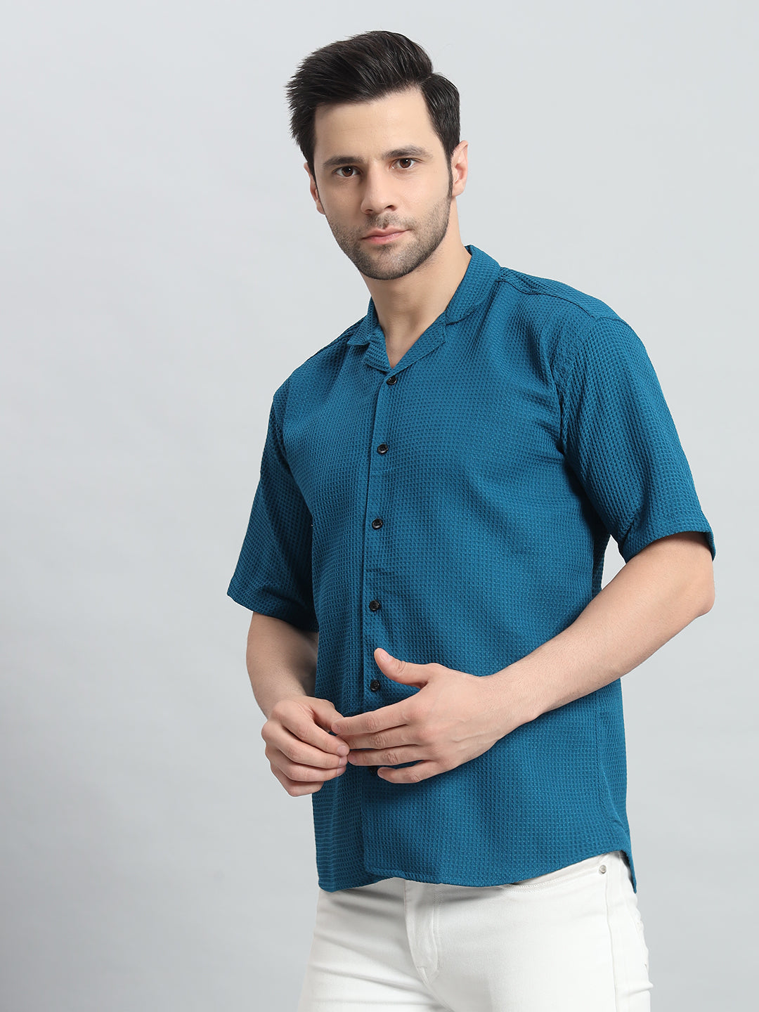Stylish Petrol Popcorn Fabric Shirt for Men