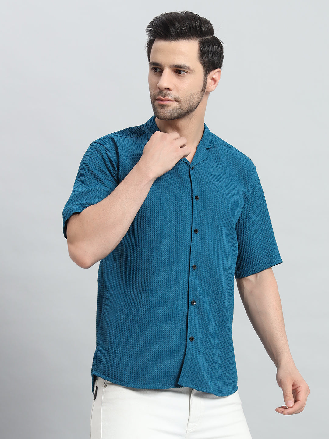 Stylish Petrol Popcorn Fabric Shirt for Men
