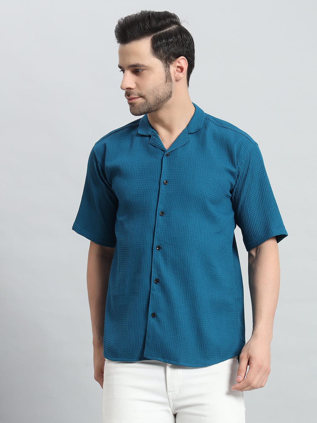 Stylish Petrol Popcorn Fabric Shirt for Men