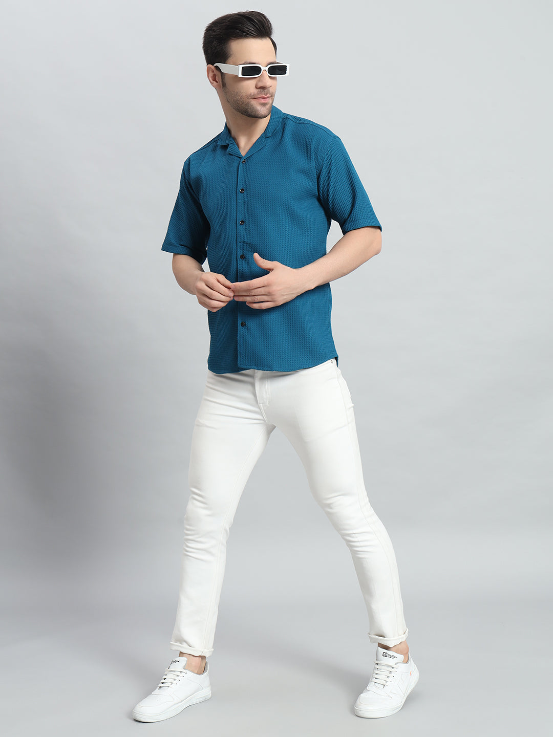 Stylish Petrol Popcorn Fabric Shirt for Men