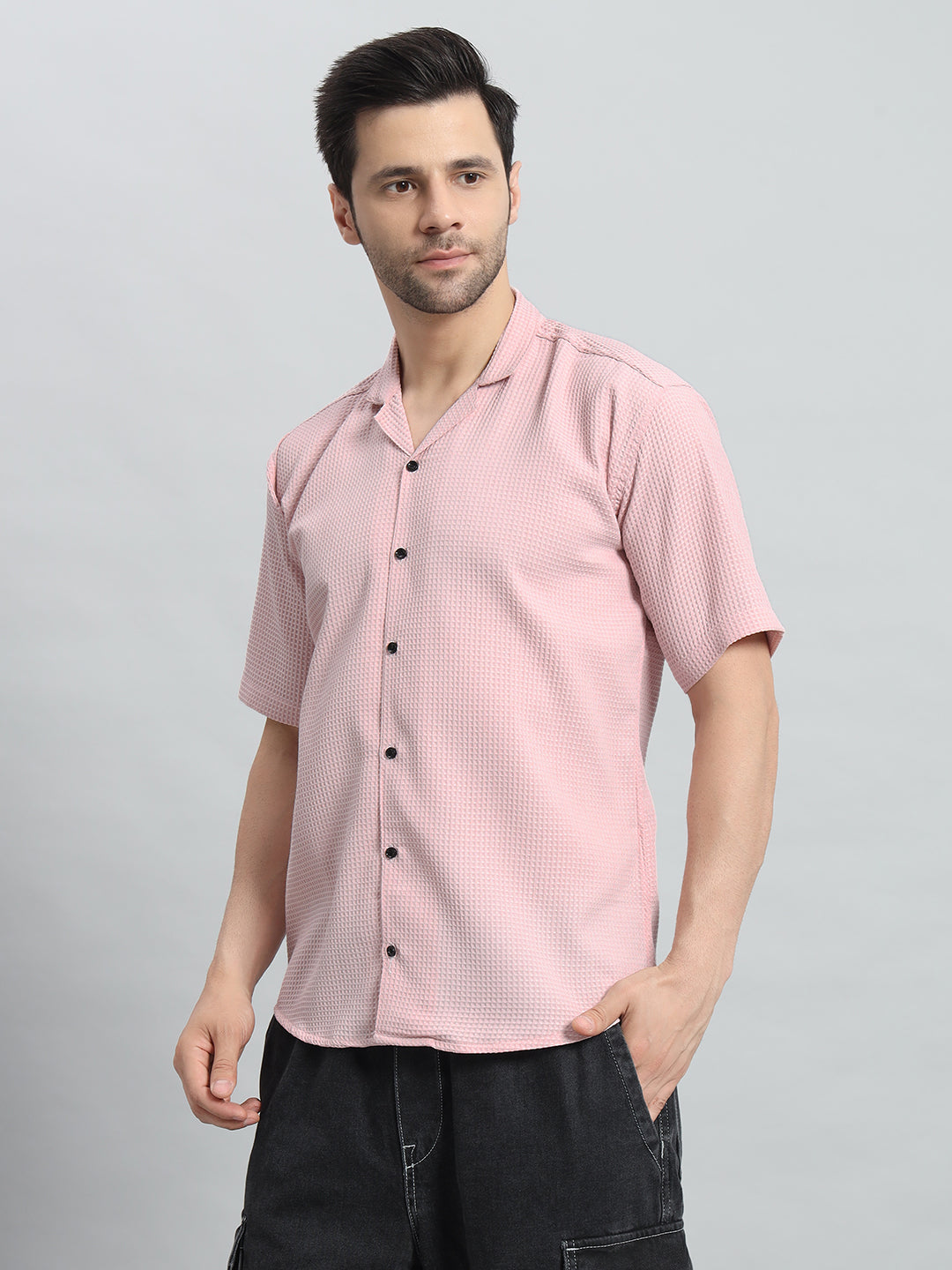 Stylish Pink Popcorn Fabric Shirt for Men
