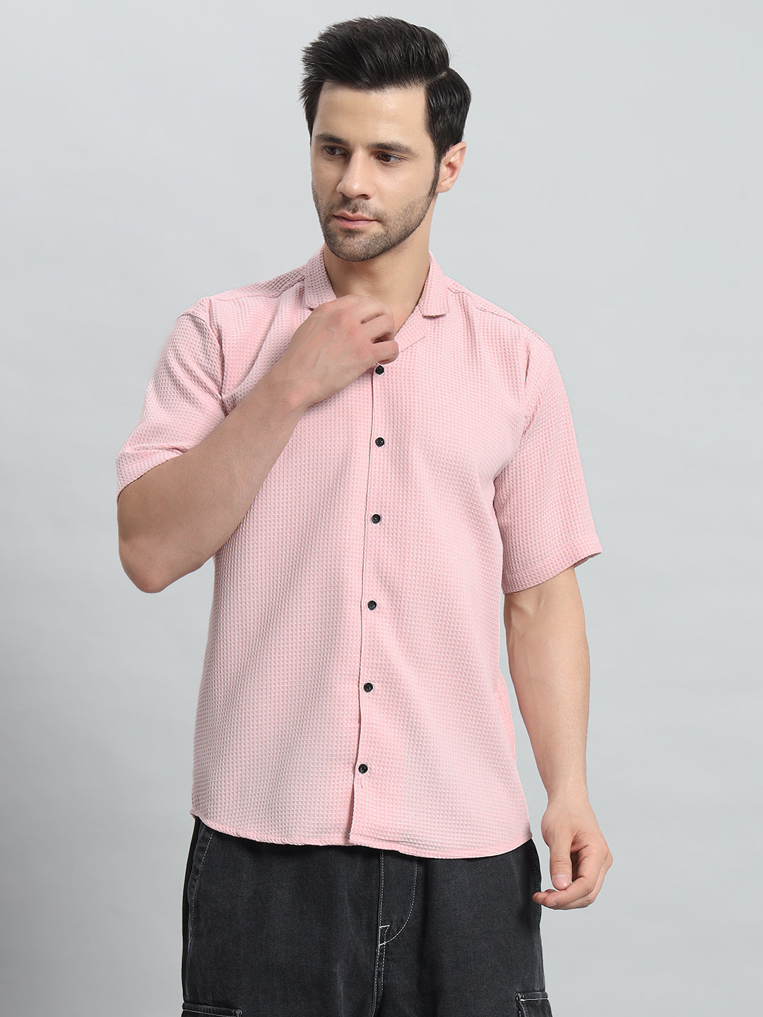 Stylish Pink Popcorn Fabric Shirt for Men