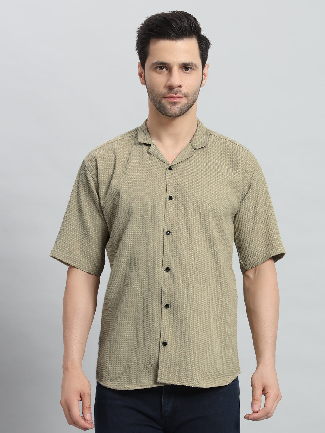Stylish Olive Grey Popcorn Fabric Shirt for Men