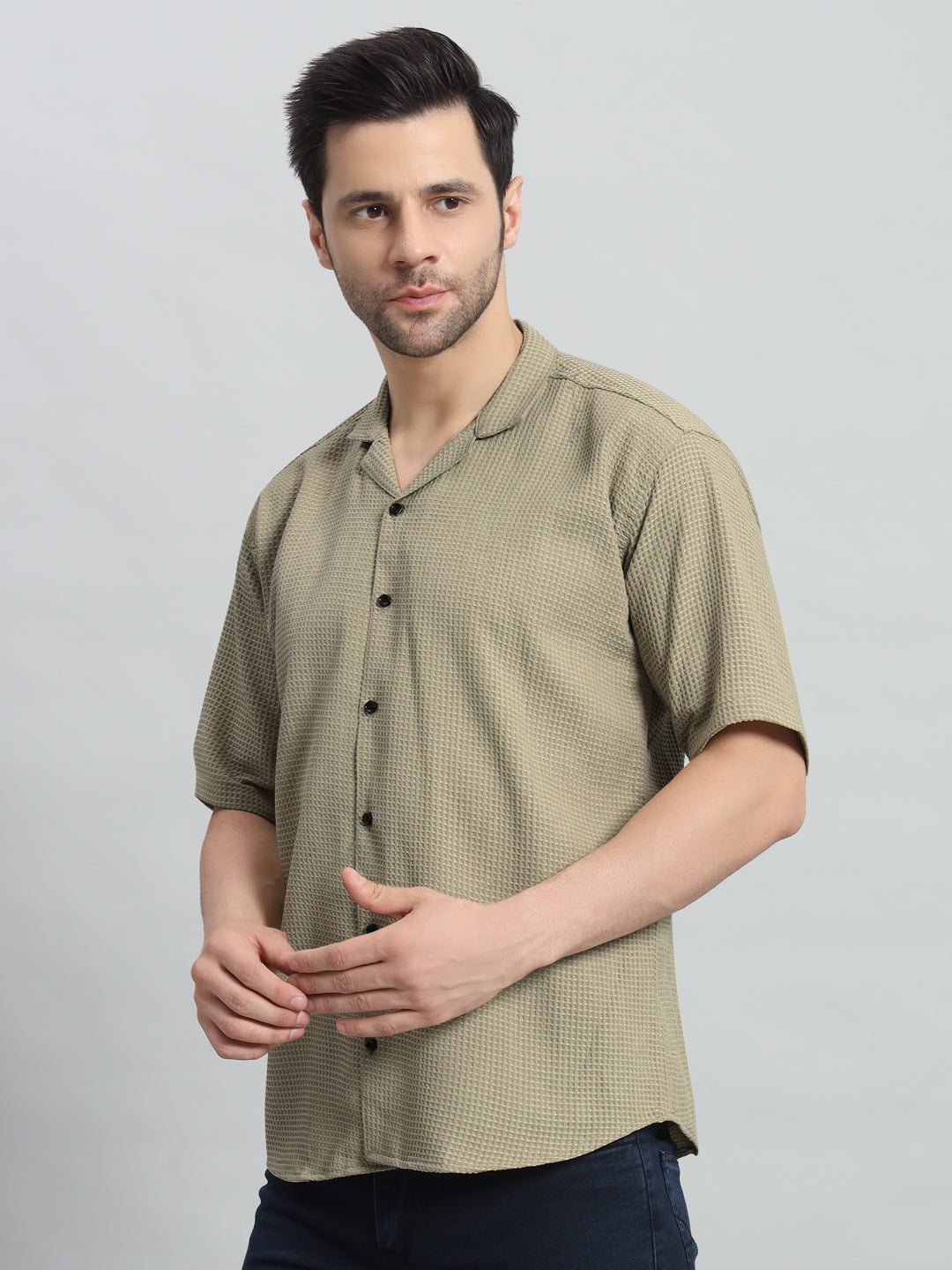 Stylish Olive Grey Popcorn Fabric Shirt for Men
