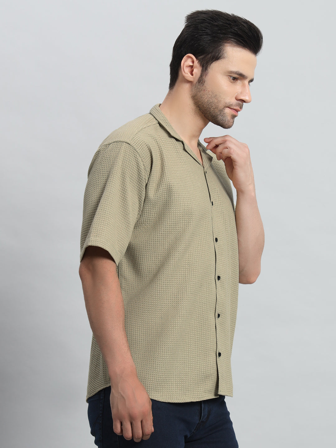Stylish Olive Grey Popcorn Fabric Shirt for Men